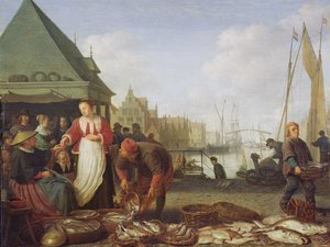 ロッテルダム魚市場（オークパネルに油彩） 作： Hendrik Martensz Sorgh