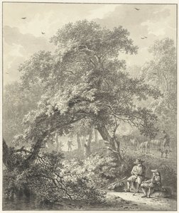 木の下で休んでいる旅行者との森の景色 作： Hendrik Meijer