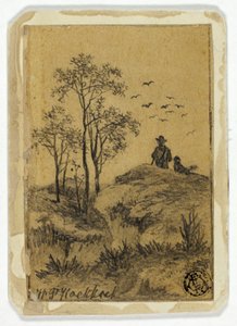 丘の上のハンターと犬が鳥を見ている 作： Hendrik Pieter Koekkoek