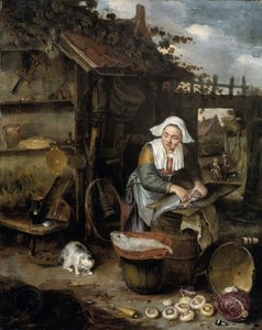 中庭で魚を掃除する主婦 作： Hendrik Potuyl