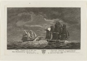マリアンヌを狩るセクストロー、1782年 奪われたイギリスのバルト海の船の狩猟 マリアンヌ船長。 Zierikzeesche Kaper CaptによるPhielskerk。 J:W:Sextroh 1782 年 11 月 20 日の夕方に Anno (オブジェクトのタイトル) 作： Hendrik Roosing