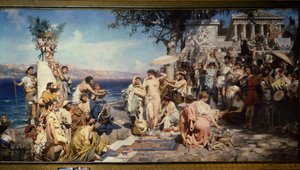 エレウシス (ギリシャ) のポセイドンの饗宴でのフリュネ。 Henryk Siemiradzki (1843-1902) の絵画、キャンバスに油彩