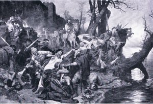 ドルスター城壁下の大虐殺でのスヴャトスラフの戦士たち（グレシャム出版社「Landmarks in European History」より、1920年頃のイラスト（リトグラフ版