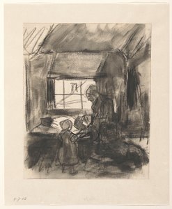 女性と 2 人の子供とインテリア 作： Hendrik Valkenburg