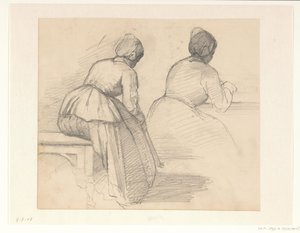 座っている女性を後ろから見た 2 つの習作 作： Hendrik Valkenburg