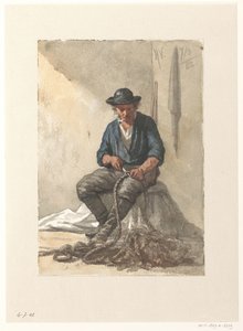 ロープに取り組んで座っている漁師 作： Hendrik Valkenburg