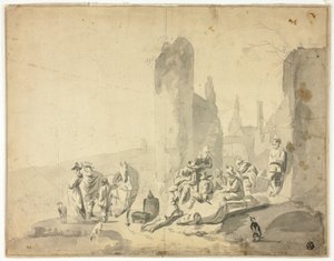 様々な人物のいる港の風景 作： Hendrik Verschuring