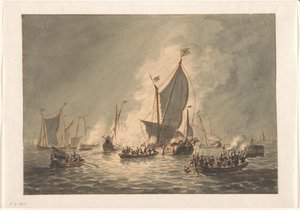 1572 年、デン ブリエルでのスペイン船の乞食による破壊と焼却 作： Hendrik Vettewinkel