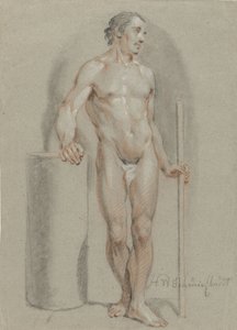 立っている裸の男性、棒を持ち、スタジオのシリンダーにもたれかかる