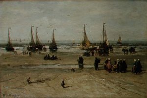 漁船と漁師のいる海岸の風景 作： Hendrik William Mesdag