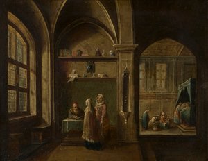 数字のあるルネサンスのインテリア：聖ヨハネの誕生、1600-49年頃（銅に油彩） 作： Hendrik the Younger Steenwyck