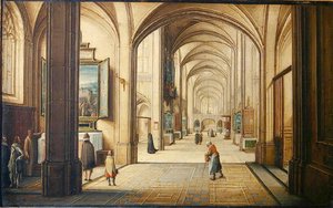 訪問者に絵画を見せているサクリスタンのある教会の内部、1608年（カードに油彩） 作： Hendrik the Younger Steenwyck