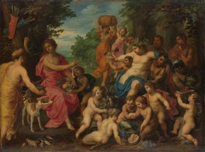 ダイアナはバッカスと従者たちからワインと果物を提供された 作： Hendrik van Balen (I)