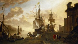 リヴォルノ（イタリア）での航海、ドックに係留された2隻の船、ラクダと非ヨーロッパの人物に象徴される東洋とイスラム世界、そしてヨーロッパに象徴される海上の十字路であるトスカーナの主要港を理想的に描写したもの。 作： Hendrik van Minderhout