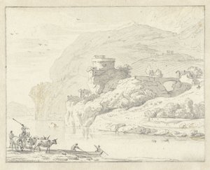 遊牧民と牛のいるイタリア風の山の風景、川を渡るボートに乗った 2 人の人物 作： Hendrik van der Straaten (attributed to)