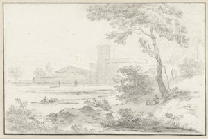 バック グラウンドで要塞化された建物とイタリアの風景 作： Hendrik van der Straaten