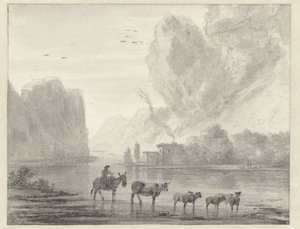 彼の牛と羊と遊牧民とロッキー川の風景 作： Hendrik van der Straaten