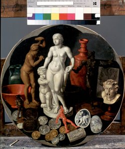 ""Still Life with a Collection of Curiosities"" (Still Life with a Collection of Curiosities) ダイアナの大理石像、メダル、小さな彫刻品など、アーティストの珍しいオブジェクトのコレクション。 ヘンドリック・ヴァン・デルの絵 作： Hendrik van der the younger Borcht