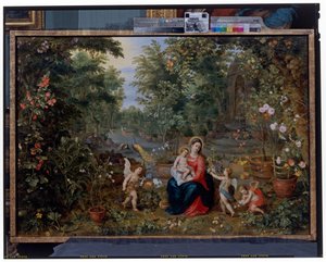 庭に座る聖母子とプッティ、鳥、動物たち 作： Hendrik van the Elder Balen