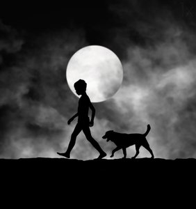 月明かりに照らされた子供と犬 作： 