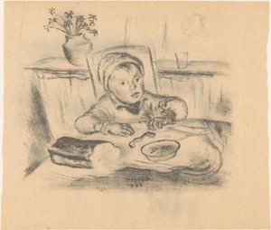 テーブルで帽子を持つ子供 作： Henk Henriët