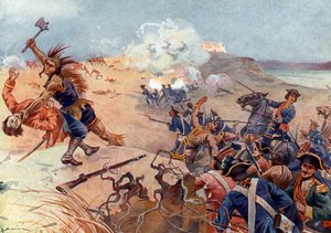 七年戦争、征服戦争 (1754-1763): 1758 年 8 月 7 日、シャンプレーン湖 (ニューヨーク) の南、タイコンデロガでモホーク族と同盟を結んだフランス軍とイギリス軍の間のフォート カリヨンの戦い (フランスとインド 戦争 (1754-1763)、七年戦争: