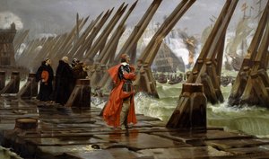 ラ・ロシェルの防波堤に立つリシュリュー（1585年-1642年 作： Henri Paul Motte