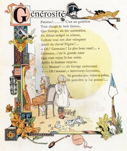 G Generosite - Gendarme Grue Guepe Godets Giroflee Gourde Grenouille - "Alphabet des bons exemples "のエングレーヴィング - Jules Levy, editeur - Henri Boulanger, alias Henri Gray (1858-1924) のイラスト。P.ブーランジェ夫人によるテキスト（詩） - エングレーヴィングとi 作： Henri (1858 1924) Gray