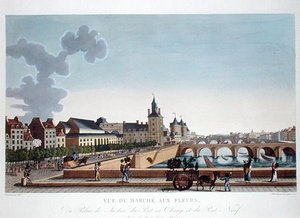 パレ・ド・ジャスティス脇のフラワー・マーケットの眺め、1816-20年頃（カラー・エングレーヴィング） 作： Henri (after) Courvoisier Voisin