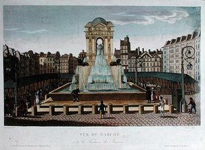 ウジェーヌ・デュボアが彫った「イノセント・マルシェの眺め」1815-20年頃（カラー・エングレーヴィング 作： Henri (after) Courvoisier Voisin