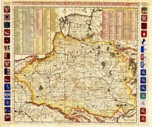ポーランドの地図には、アンリ・アブラハム (1684-1743) によるリヴォニアとモスクワ大公国の一部が含まれています。 エッチング、水彩 作： Henri Abraham Chatelain