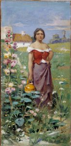 水差しをカマルゲーズ フィールドでジプシーを着た若い女性。 Adrien Henri Tanoux (1865-1923) の絵画 20 世紀 作： Henri Adrien Tanoux