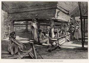 北スマトラの民族であるバタック族の女性が織物をしている様子。ジュール・クレーヌ（1856-1939）が1889年から1890年にかけて執筆した「マレーシアでの1年」の挿絵（Laurent Desrousseaux）。 作： Henri Alphonse Louis Laurent Desrousseaux