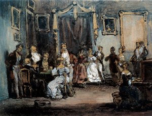 パリの女性のサロンで開催されたマダムX社交会での夜。 Henry Monnier (1805-1877) による水彩画 19 世紀 作： Henri Bonaventure Monnier