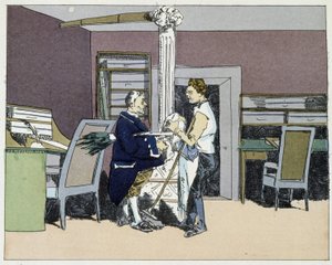 8時間：オフィスの掃除とオフィスボーイの政治的議論 - アンリ・モニエの「行政モラル」にて 作： Henri Bonaventure Monnier