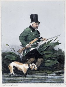 犬と一緒に狩りをする男性。「誰もが自分の喜びを、自分が見つけた場所で得ている」-アンリ・モニエの「Les pastemps」の中で。デルペッシュ、パリ 作： Henri Bonaventure Monnier