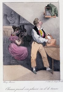 妻に浮気されながら鳥を飼育する男。「誰もが自分の喜びを得るか、自分で見つけるか」-アンリ・モニエの「Les pastemps」の中で、デルペッシュ編、1830年のパリ。デルペッシュ、パリ、v.1830 作： Henri Bonaventure Monnier