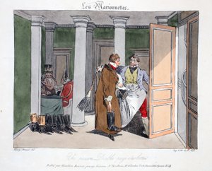 かわいそうな悪魔がブーツの代金を払っています。イラストは、アンペモニエの「Les Marionnettes」からのイラストで、パブのDelpechによってリトグラフされています。パリ、1828年頃（手塗りのリト） 作： Henri Bonaventure Monnier