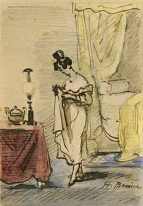 自宅での若い女性（紙の上のインクとトイレ）2：インテリアの少女。プライバシー; 作： Henri Bonaventure Monnier