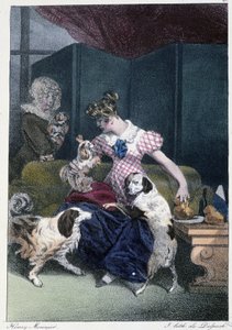 犬を連れた若い女の子。「誰もが自分の喜びを自分の見つける場所で得る」-アンリ・モニエの「Les pastemps」に掲載されています。デルペッシュ、パリ 作： Henri Bonaventure Monnier