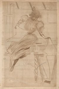 プリントスタンドでプリントを見る女性 作： Henri Boutet (possibly)
