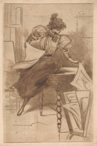 プリントスタンドでプリントを見る女性 作： Henri Boutet (possibly)