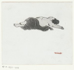 リクライニングする上半身裸の日本人女性 作： Henri Charles Guérard (attributed to)