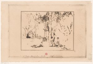 木の下で音楽を奏でる女性たち 作： Henri Charles Guérard (signed by artist)