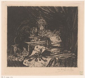 鍵とランタンのある静物 作： Henri Charles Guérard (signed by artist)