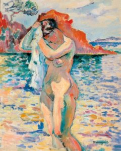 海辺で髪の毛を乾かす人 作： Henri Charles Manguin