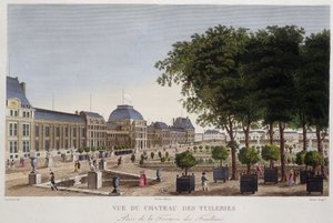 Les Feuillansのテラスから見た庭園とチュイルリー城。クルボアジェのエングレーヴィング 作： Henri Courvoisier Voisin