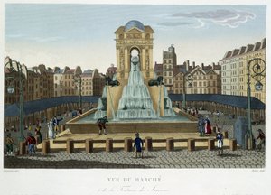1820年頃の「イノセントの泉」 - 1827年のクルボアジェの「Vues de Paris」にて 作： Henri Courvoisier Voisin