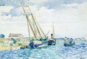マリンシーン（ヴェネツィアの近くのボート）、1903年（重いwoveカードにドライマウントされた白いwove紙のグラファイトの上にトイレ）