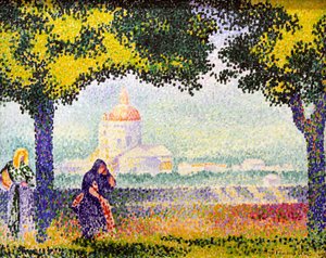「アッシジ近くのサンタ マリア デッリ アンジェリ教会の眺め」、1909 年 作： Henri Edmond Cross
